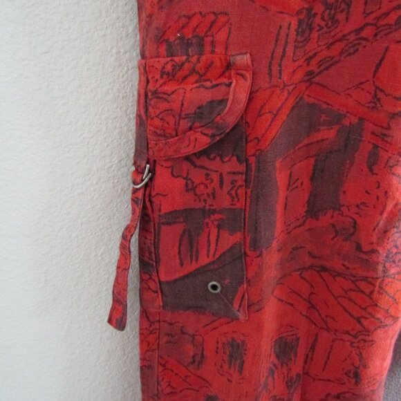 Chico's Vintage Linen Pants 1 Red Printed Coastal Artsy Cargo Boho Lagenlook - Picture 5 of 12